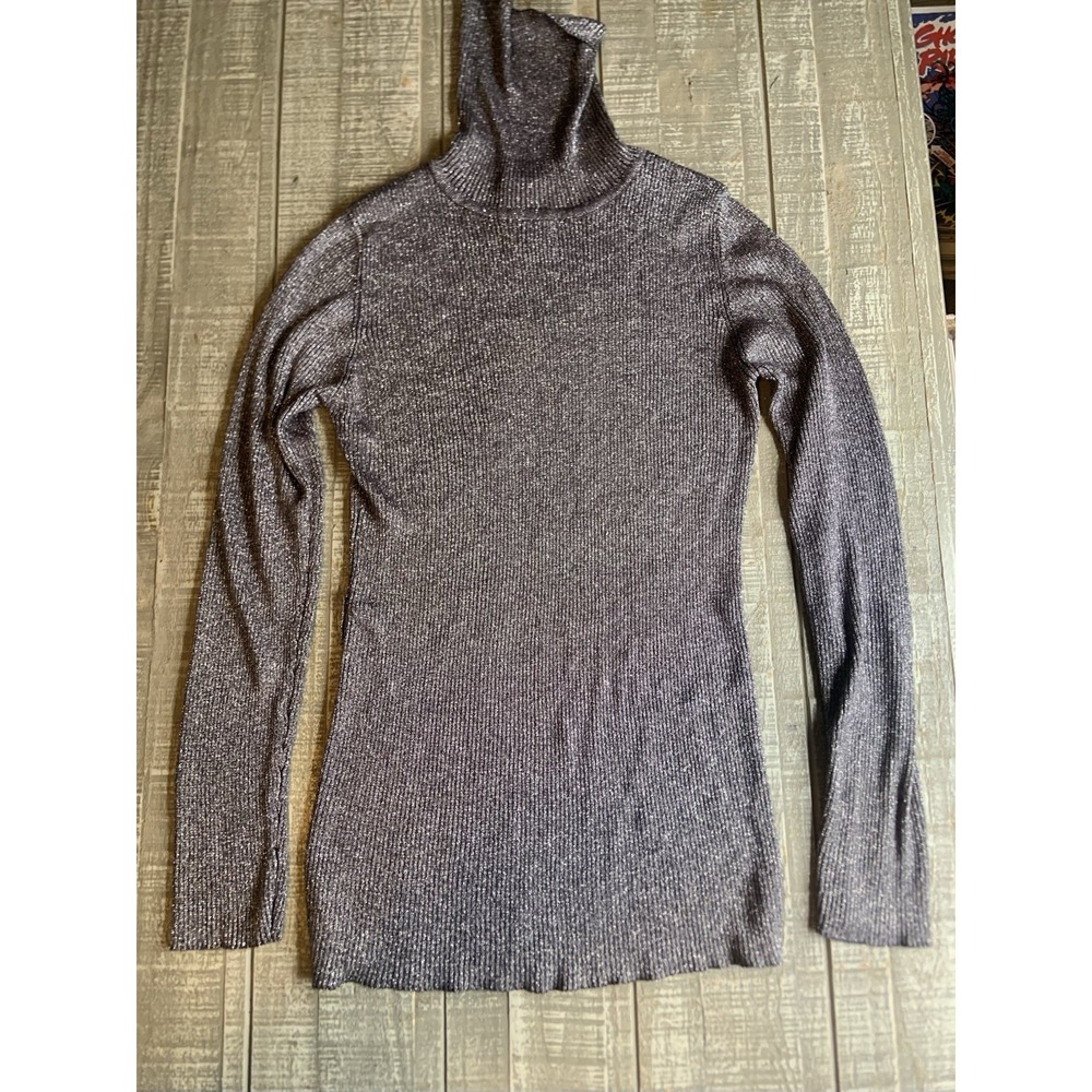 BCBGMaxazria Silver Glitter Metallic Sweater Turtleneck Large Rayon Lurex Womens